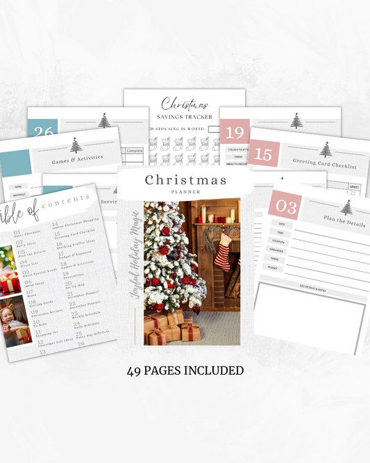 Christmas planner featuring festive pages, a decorated tree, stockings, and a cozy fireplace with presents.