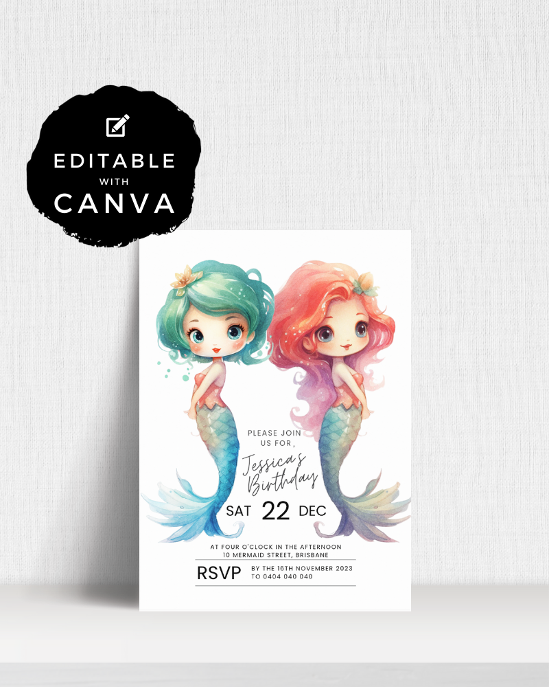 Colorful invitation featuring two playful mermaids, one with green hair and the other with red, for a birthday celebration.