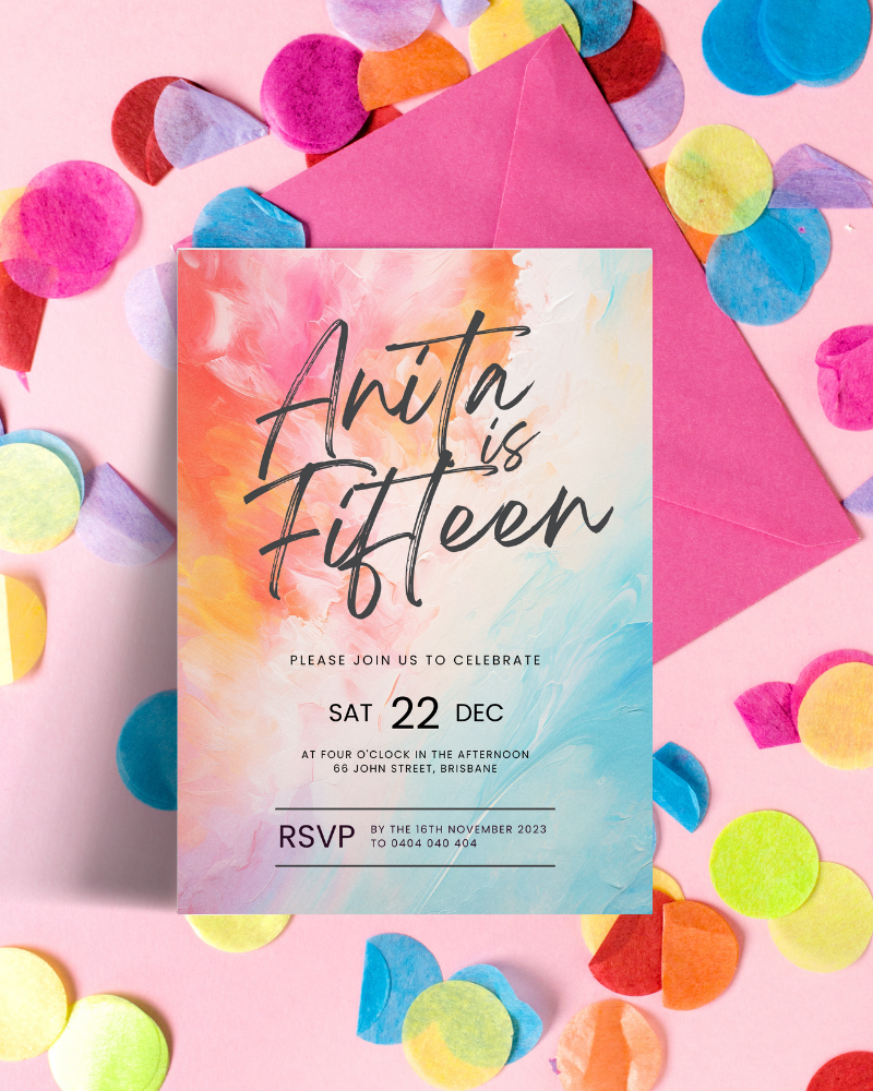 Colorful confetti surrounds a festive invitation announcing a fifteenth birthday celebration with vibrant hues and playful fo