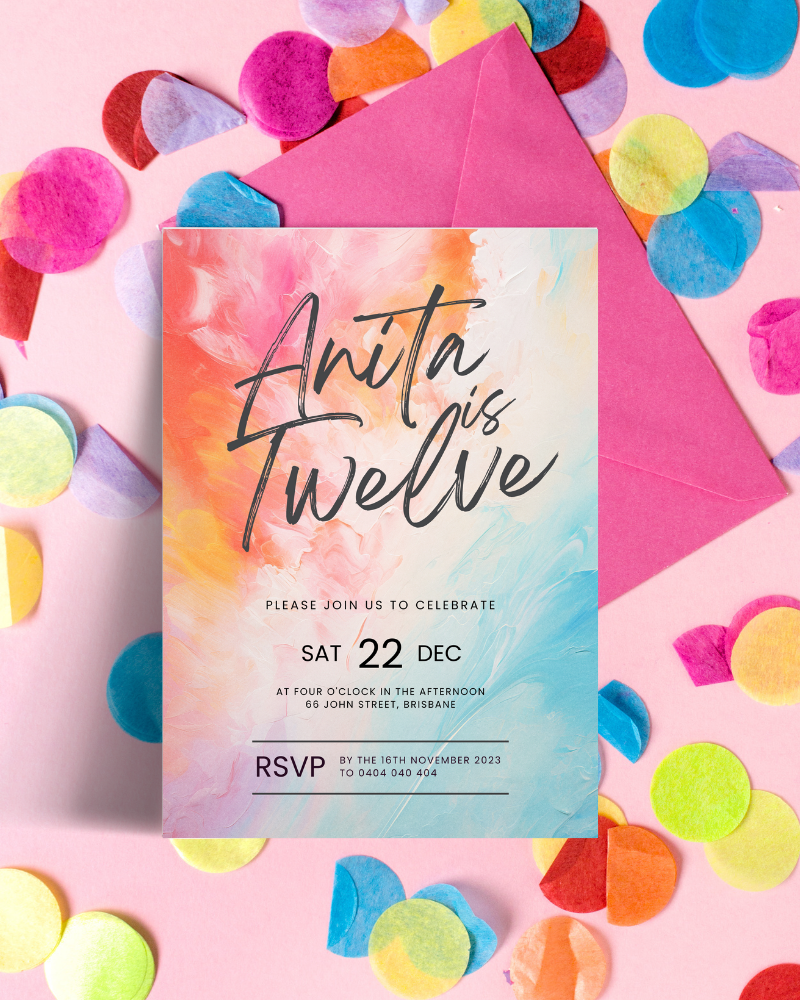 Colorful confetti surrounds a vibrant invitation announcing a celebration for Anita’s twelfth birthday.