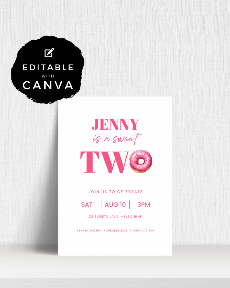 Colorful invitation featuring pink text, a donut graphic, and celebration details for a birthday party.