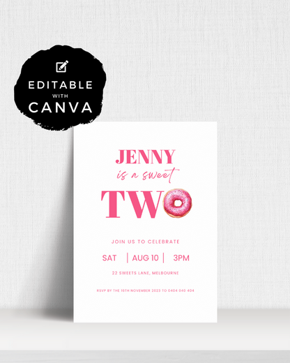 Colorful invitation featuring pink text, a donut graphic, and celebration details for a birthday party.