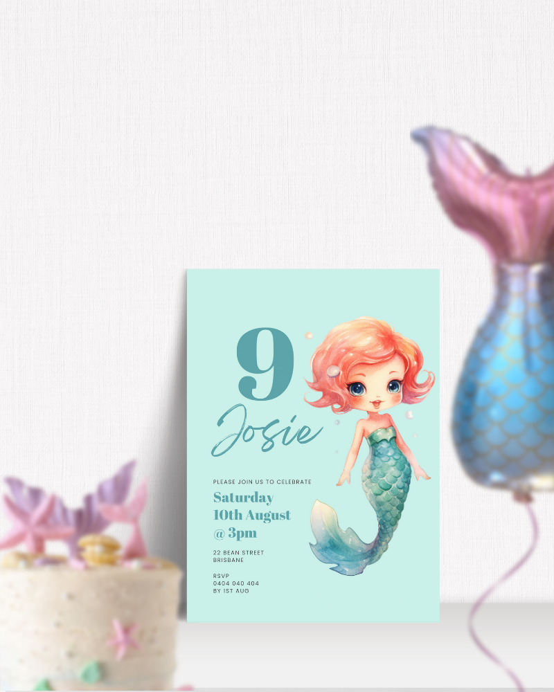 A playful invitation featuring a mermaid girl with pink hair, celebrating a 9th birthday on August 10th.