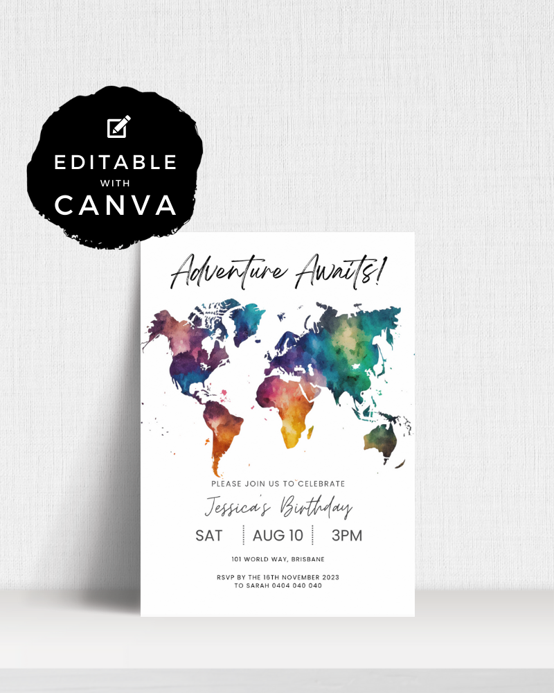 Map Party Invite Adventure Awaits World Map Party Invite | Digital Download ALW88 – A ...