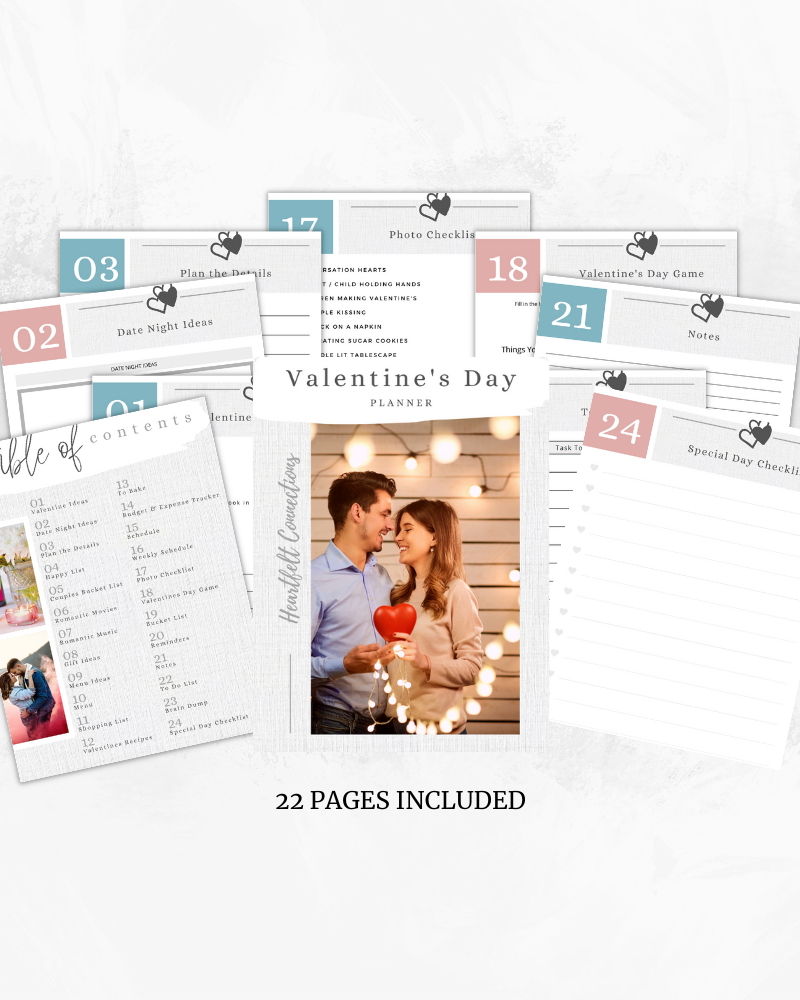 Valentine's Day planner featuring a couple holding a heart, surrounded by lights and festive decorations.