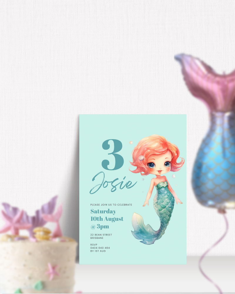 Colorful invitation featuring a mermaid girl with pink hair, celebrating a third birthday, alongside a festive cake.