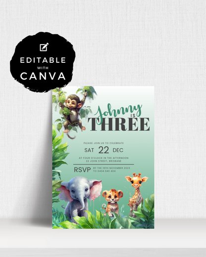 Colorful invitation featuring a monkey, elephant, lion cub, and giraffe among lush foliage with festive text.