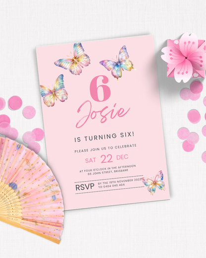 A pink invitation featuring butterflies, celebrating Josie's sixth birthday with floral accents and colorful confetti.