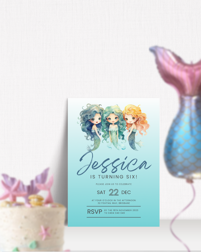 Colorful mermaid-themed invitation featuring three whimsical characters celebrating a birthday with a cake and decorations.