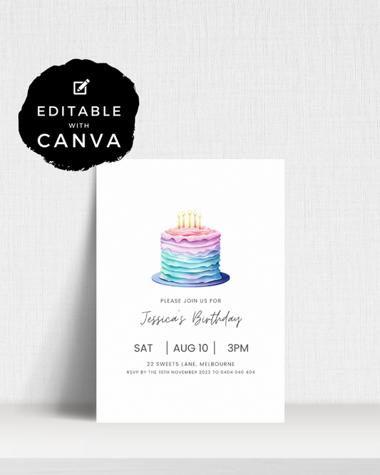 Colorful layered cake with candles, invitation details for Jessica's birthday celebration on August 10 at 3 PM.