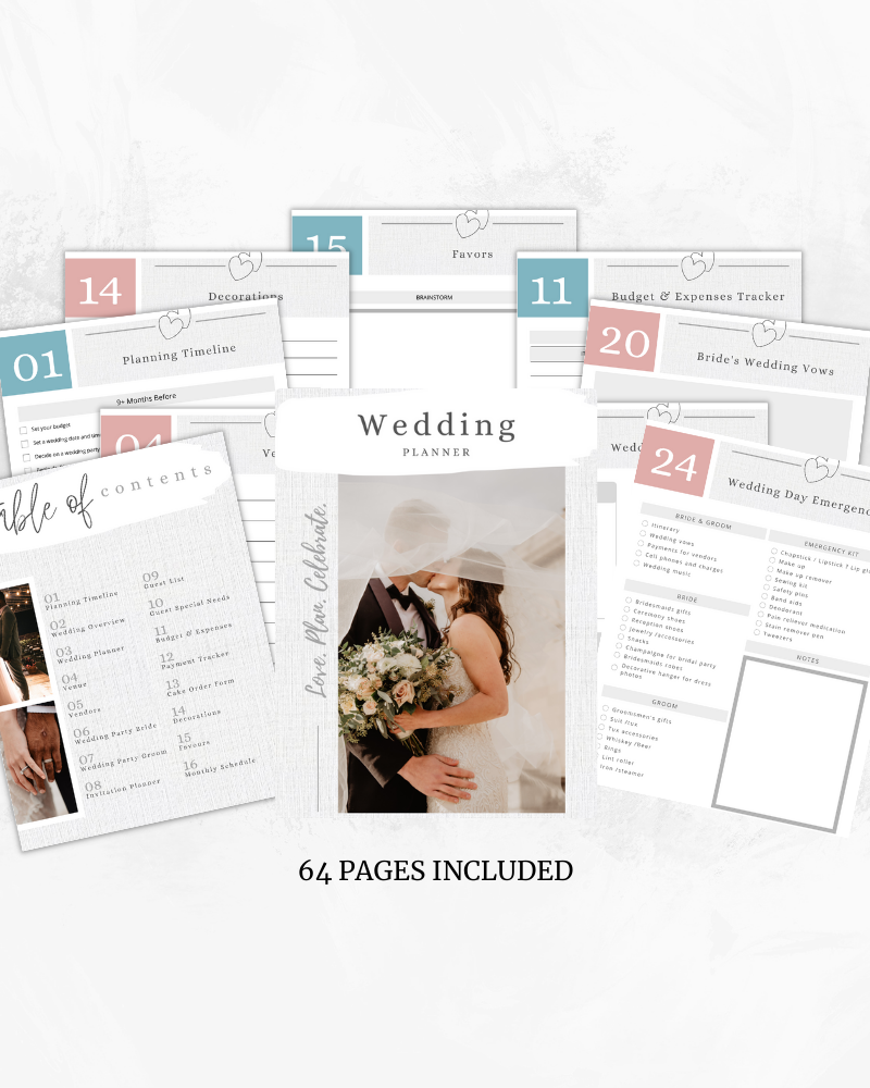 A wedding planner layout featuring sections for budgeting, timelines, and vows, with a romantic couple in the center.