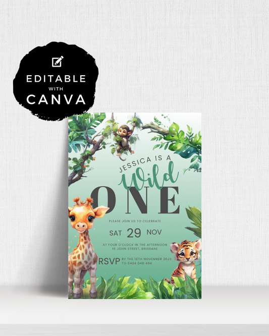 A playful invitation featuring a giraffe and tiger among vibrant greenery, celebrating a first birthday.