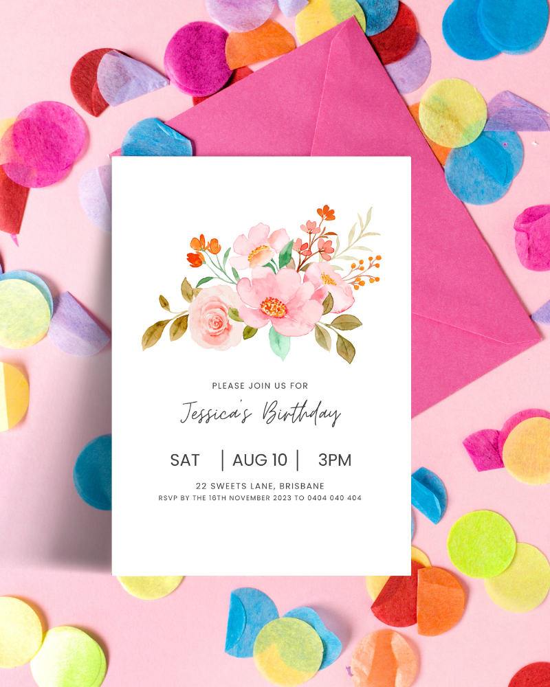 Colorful confetti surrounds a floral invitation for Jessica's birthday, featuring soft pink and orange flowers on a white bac