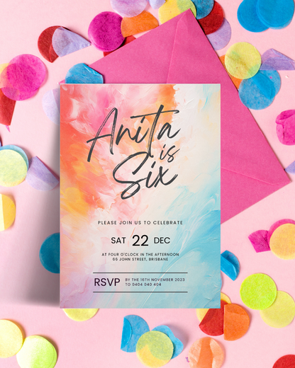 A colorful invitation with "Anita is Six" in bold script, surrounded by vibrant confetti and a pink envelope.