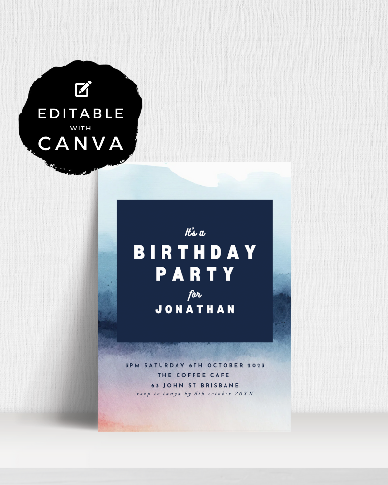 A colorful birthday invitation featuring navy text on a watercolor background, set for Jonathan's celebration.