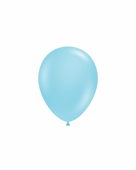 A single light blue balloon floats against a plain white background, showcasing its smooth, glossy surface.