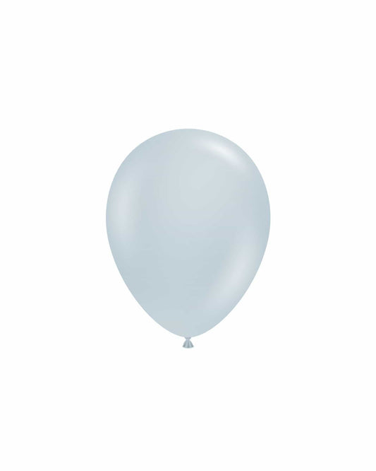 Light blue balloon floating against a plain white background, featuring a glossy surface and a tied end.