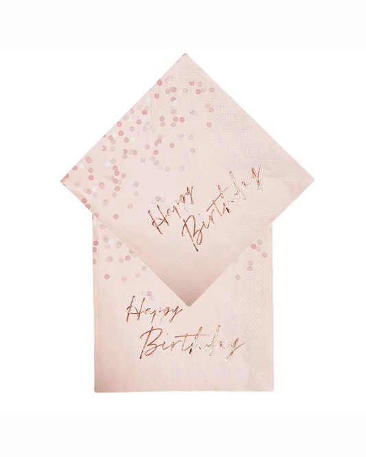 Two pink napkins with gold "Happy Birthday" text and scattered confetti details, perfect for celebrations.