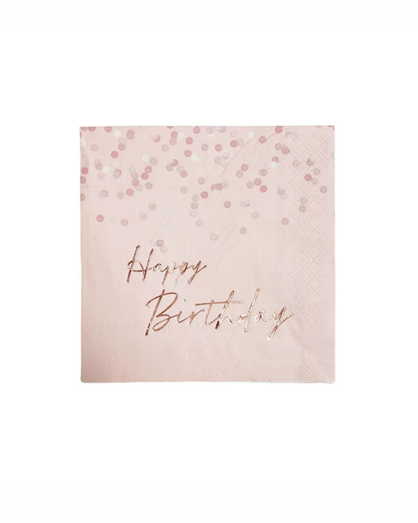 Pink napkin adorned with confetti and "Happy Birthday" in shimmering gold lettering.