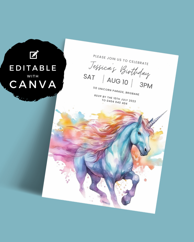 Colorful watercolor illustration of a unicorn with flowing mane, featuring details of a birthday party invitation.