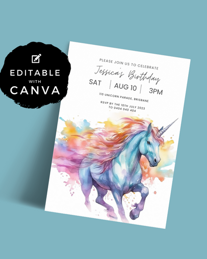 Colorful watercolor illustration of a unicorn with flowing mane, featuring details of a birthday party invitation.