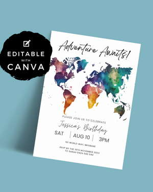 
            
                Load image into Gallery viewer, Adventure Awaits World Map Party Invite | Digital Download ALW88
            
        