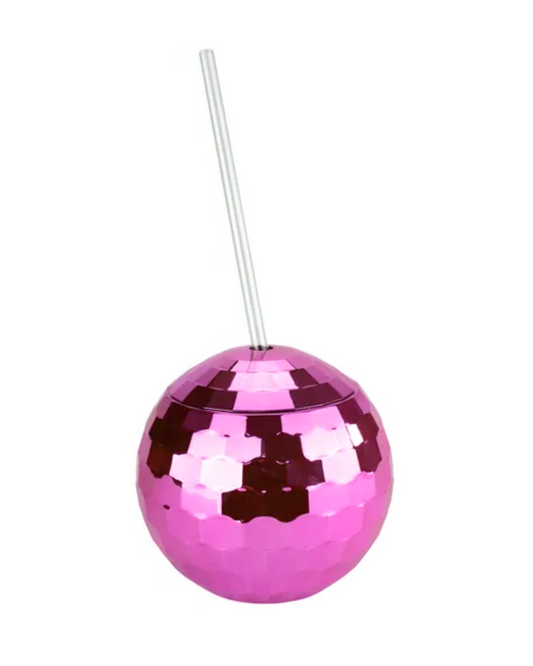 Shiny pink sphere with a hexagonal pattern and a silver straw, reflecting light in a playful, vibrant manner.