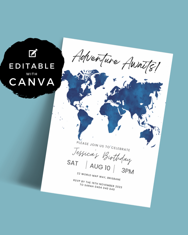 A vibrant invitation featuring a blue watercolor world map and playful typography for a birthday celebration.