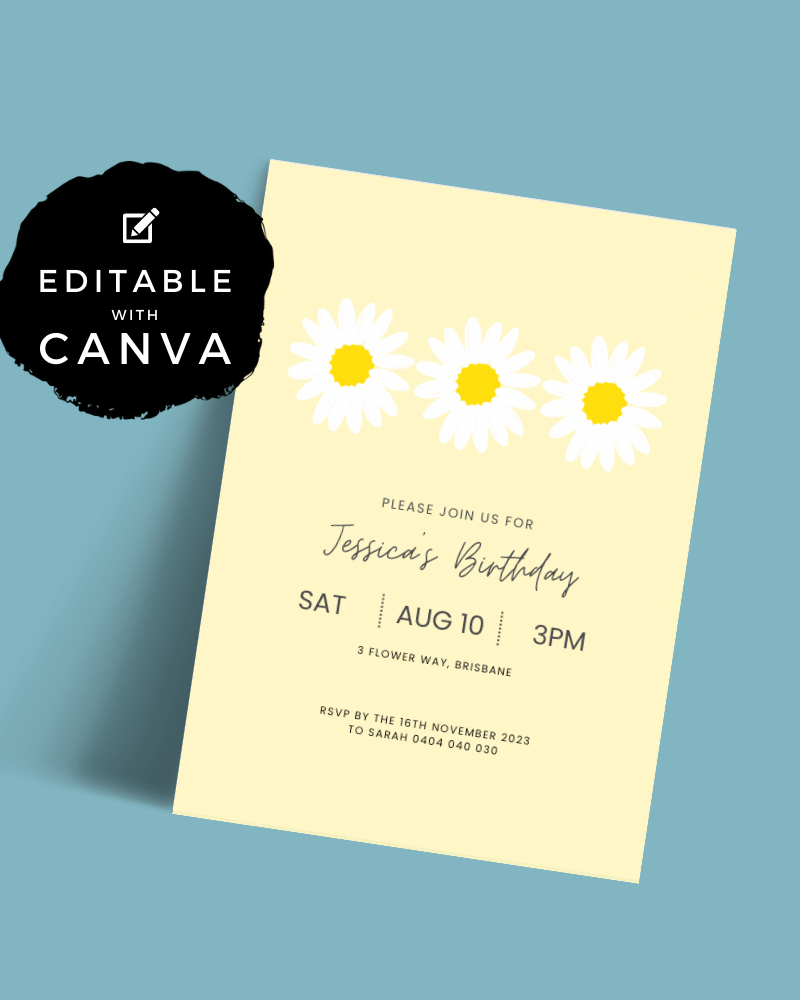 Birthday invitation featuring daisies, pastel yellow background, and details for Jessica's celebration in Brisbane.