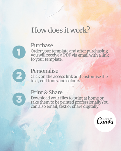 Instructions for purchasing, personalizing, and sharing a customizable template on a colorful, abstract background.