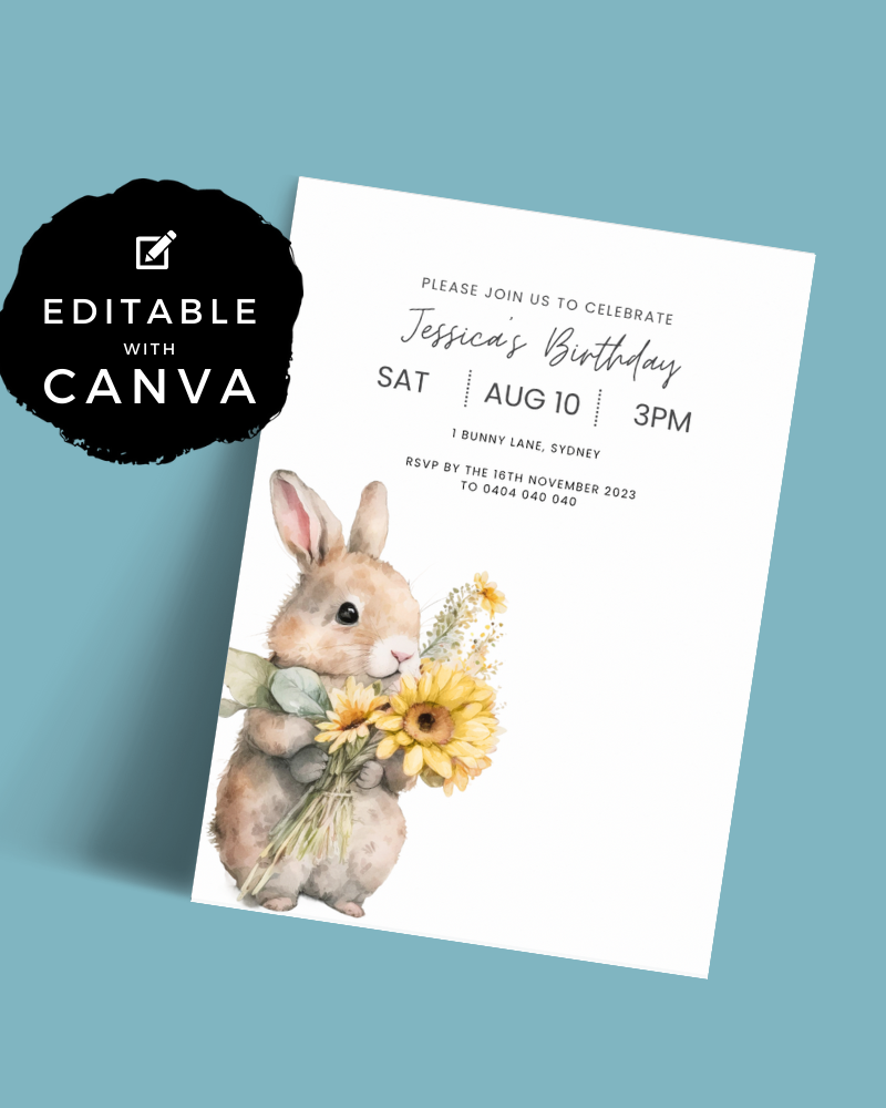A cute rabbit holding sunflowers and greenery, set against a soft blue background, inviting to celebrate a birthday.