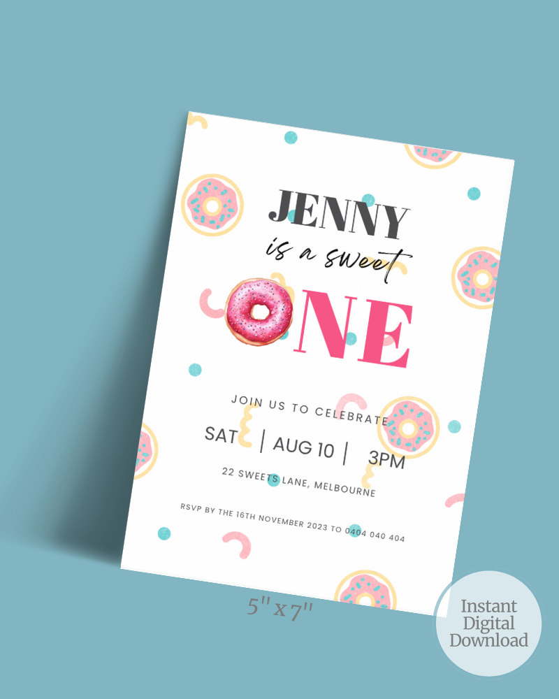 A festive invitation featuring colorful donuts, playful text, and a cheerful layout for a birthday celebration.