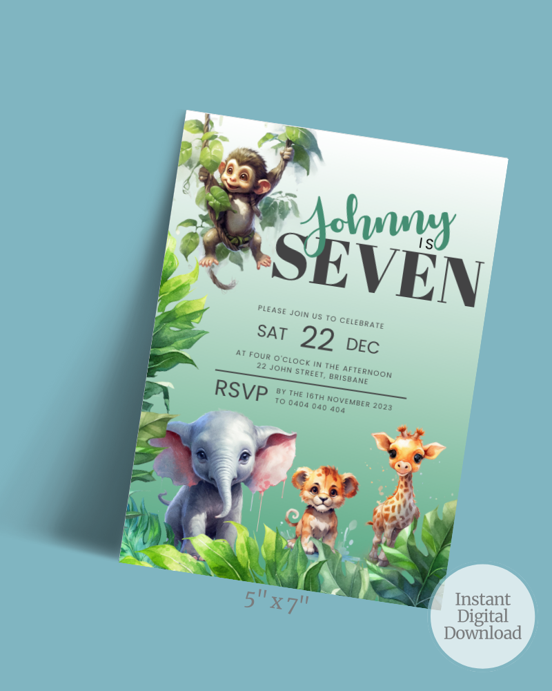 Colorful invitation featuring a monkey, elephant, and giraffe among lush greenery, celebrating a birthday party.