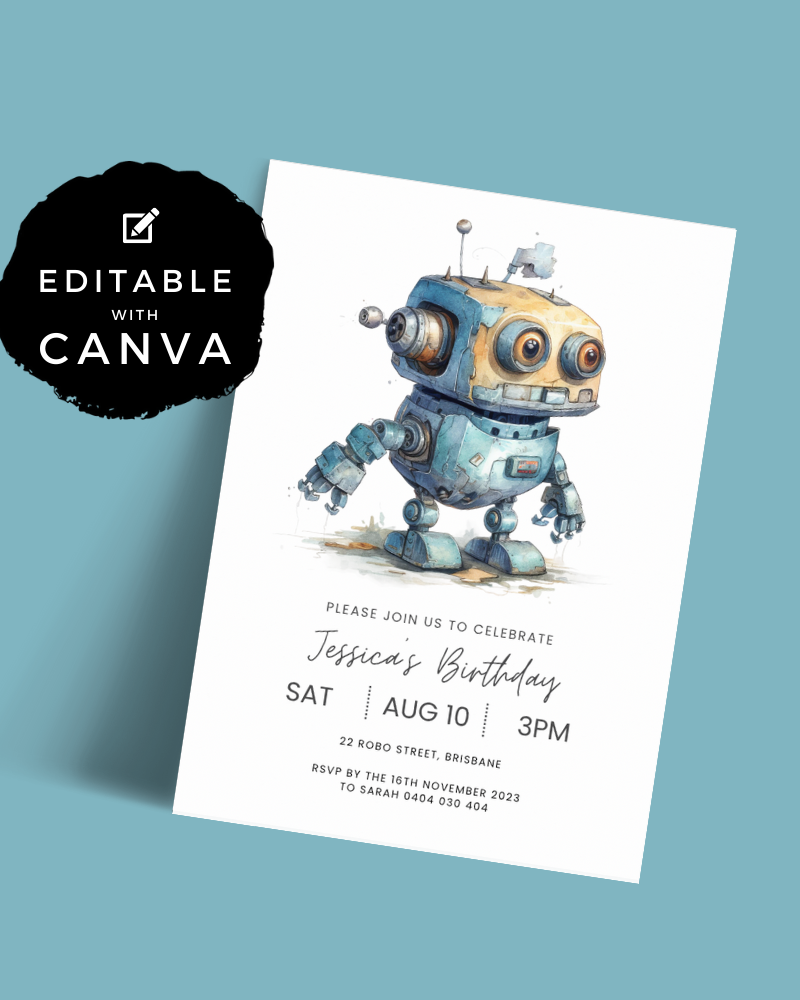 A whimsical robot illustration invites guests to celebrate Jessica's birthday on August 10 in Brisbane.