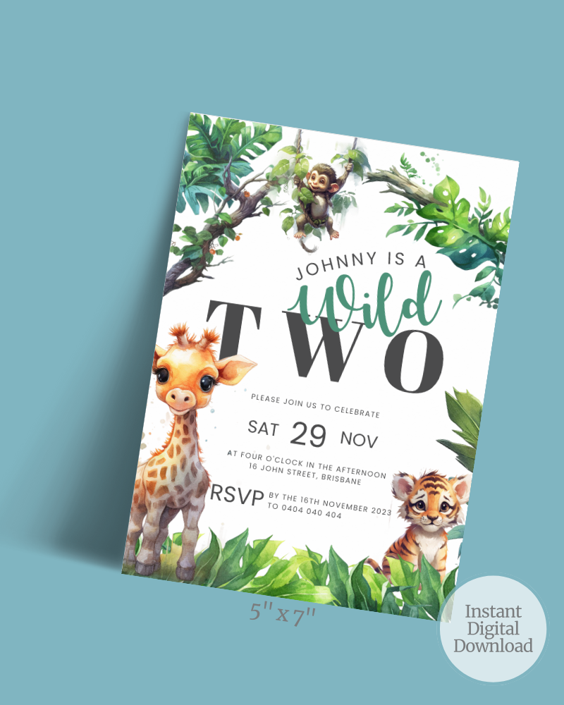 Colorful invitation featuring playful animals among lush greenery, celebrating a child's second birthday.