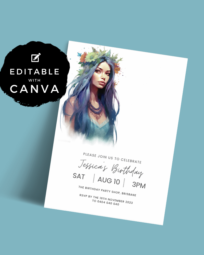 A whimsical invitation featuring a woman with flowing blue hair and a floral crown, set against a soft background.