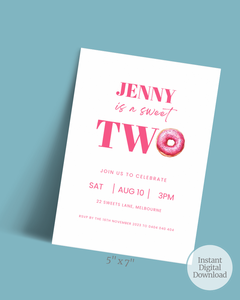 Colorful invitation featuring playful text celebrating a birthday, adorned with a decorated donut graphic.