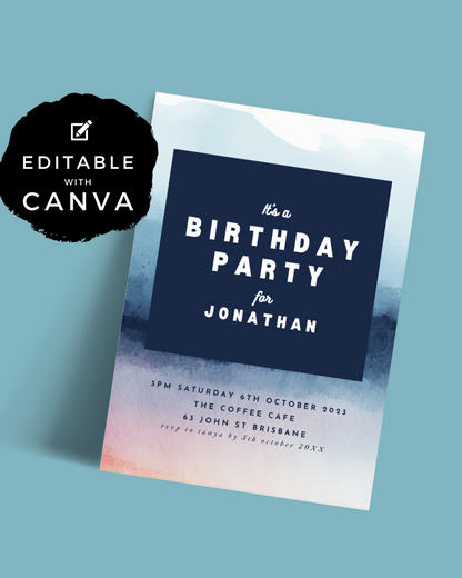 Colorful invitation featuring a birthday party theme with watercolor textures and editable text.