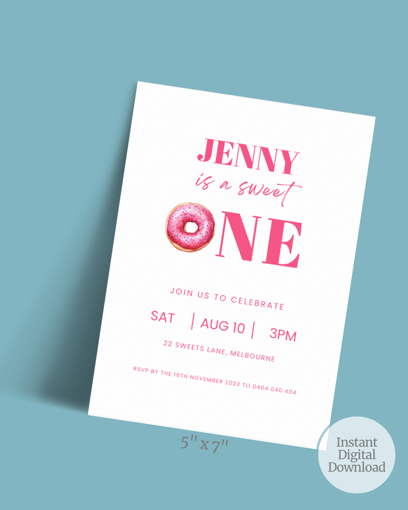 Birthday invitation featuring pink text, a donut illustration, and event details on a light blue background.