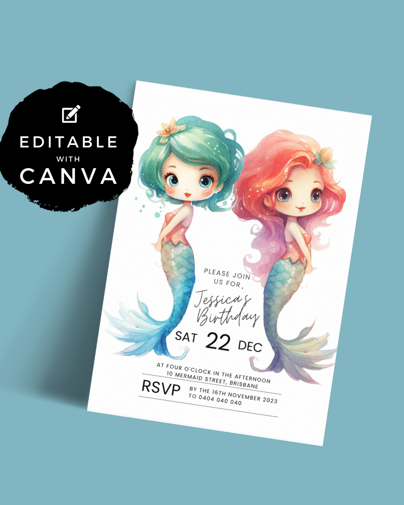 Whimsical invitation featuring two mermaid characters with pastel hair and flowing tails, set against a light blue background