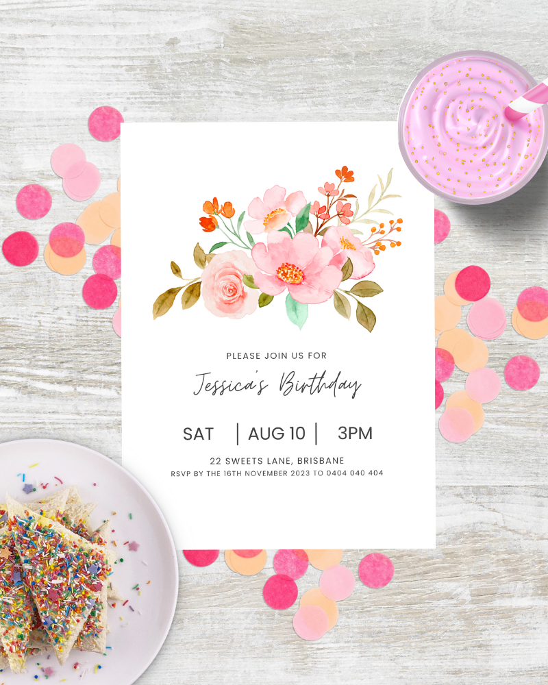 A colorful birthday invitation with floral accents, scattered confetti, and a slice of cake on a plate.