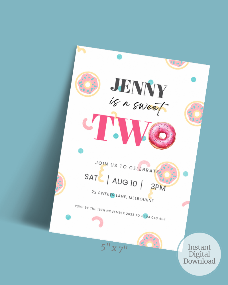 Colorful invitation featuring playful donut graphics and cheerful text for a birthday celebration.