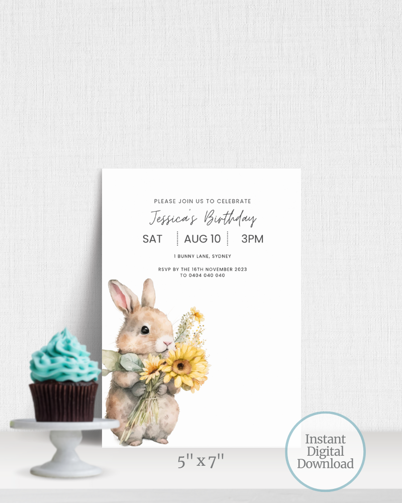 Birthday invitation featuring a cute rabbit holding sunflowers, with a cupcake in the foreground and a light background.