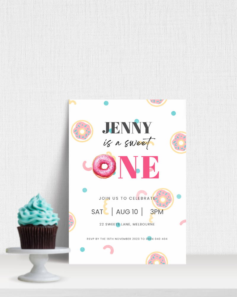 A colorful invitation featuring a cupcake and playful donut illustrations for a birthday celebration.