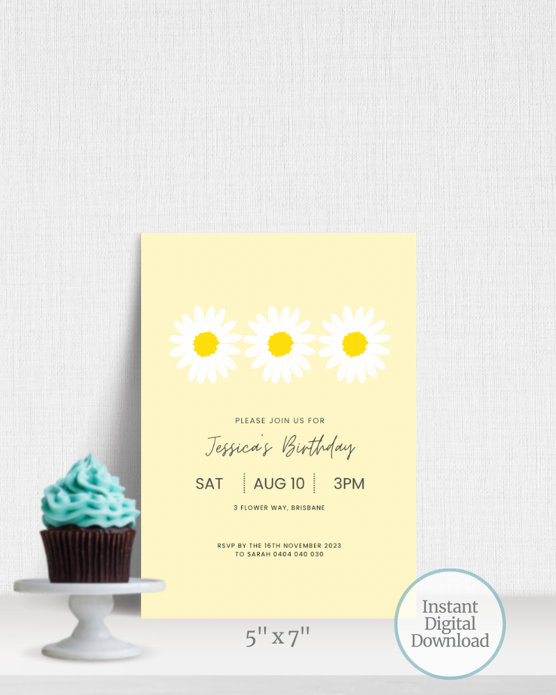 Birthday invitation featuring daisies on a soft yellow background with a cupcake in front on a stand.