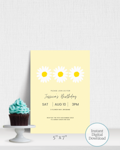 Birthday invitation featuring daisies on a soft yellow background with a cupcake in front on a stand.