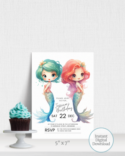 Colorful illustration of two whimsical mermaids with vibrant hair, inviting to a birthday celebration.