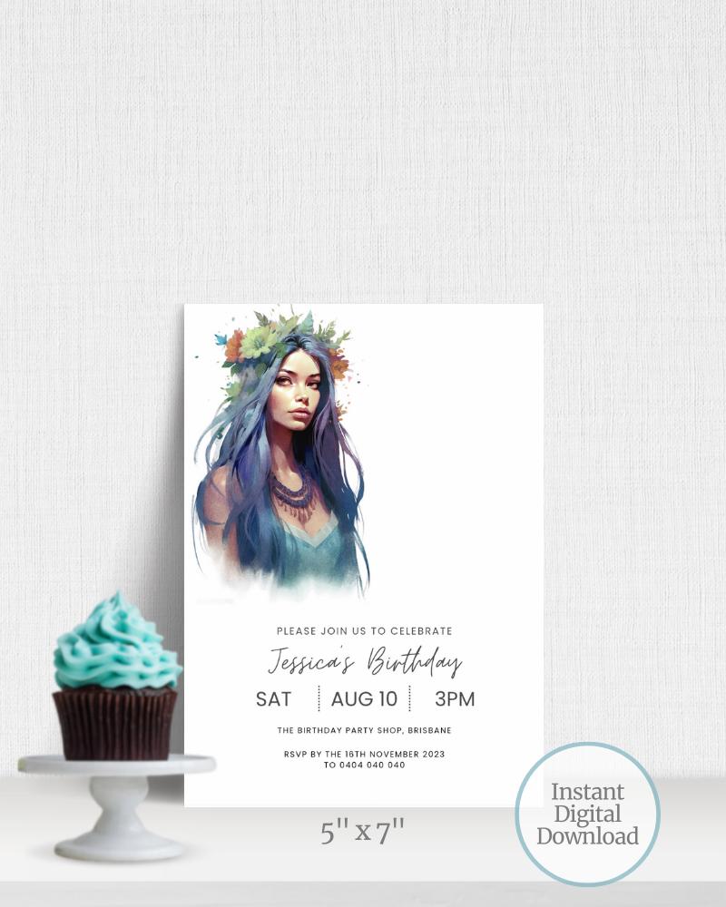 A whimsical illustration of a girl with flowing blue hair and a floral crown, alongside a cupcake on a stand.