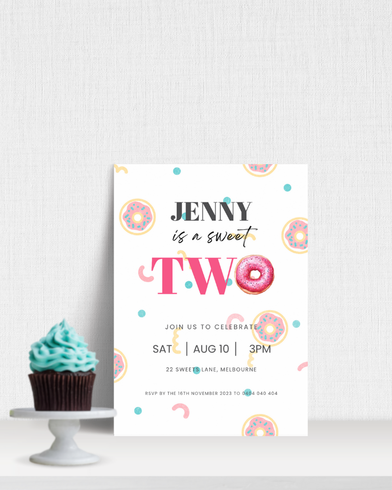 Colorful invitation featuring playful text and decorative elements, with a cupcake topped with blue frosting.