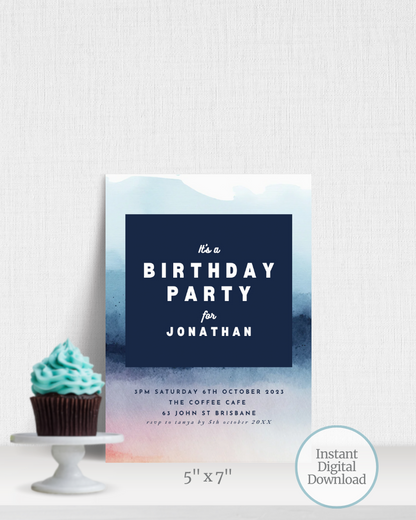 Colorful birthday invitation featuring elegant typography and a cupcake with teal frosting on a white plate.